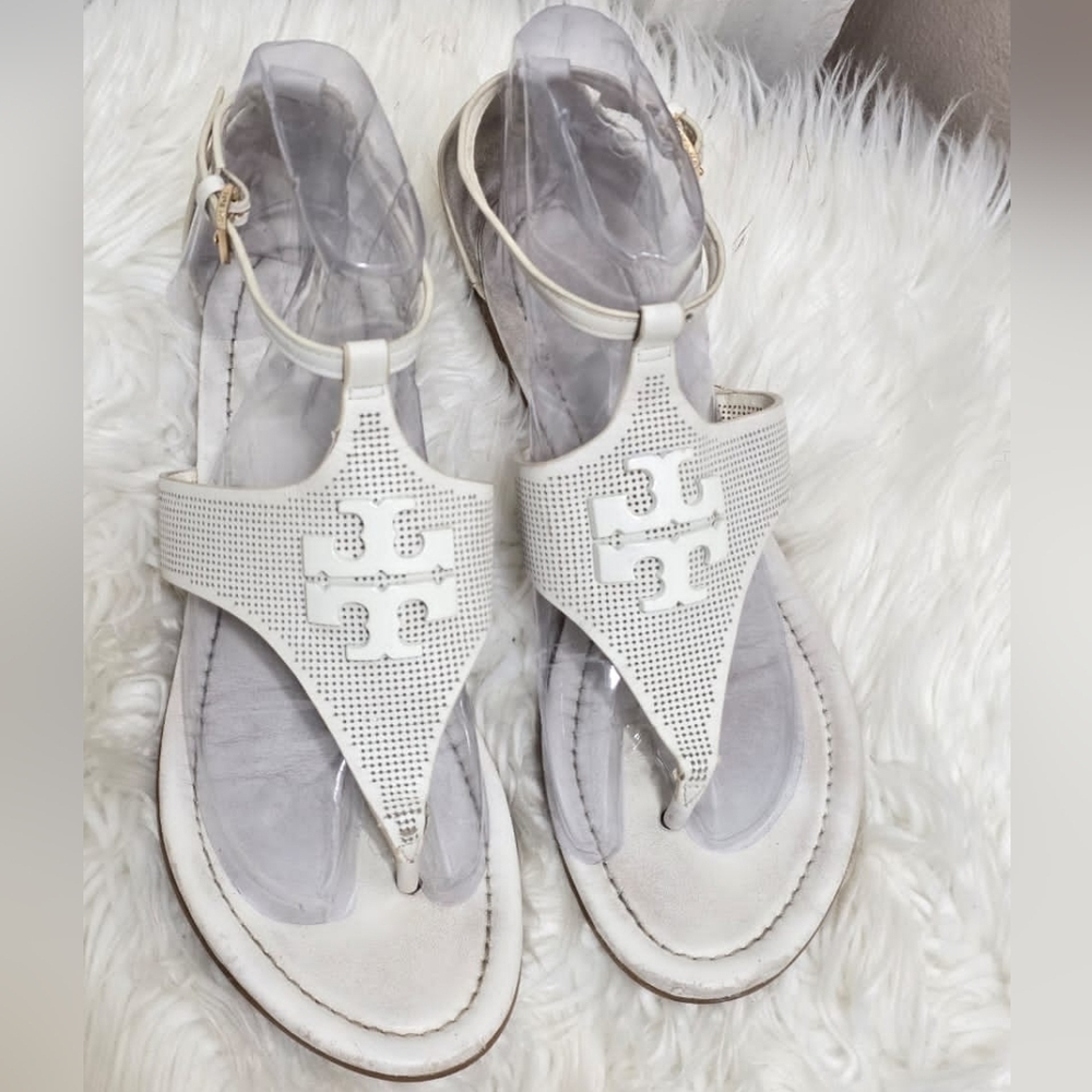 Tory Burch Silver Tone Open Toe White Sandals Size 8.5🌴